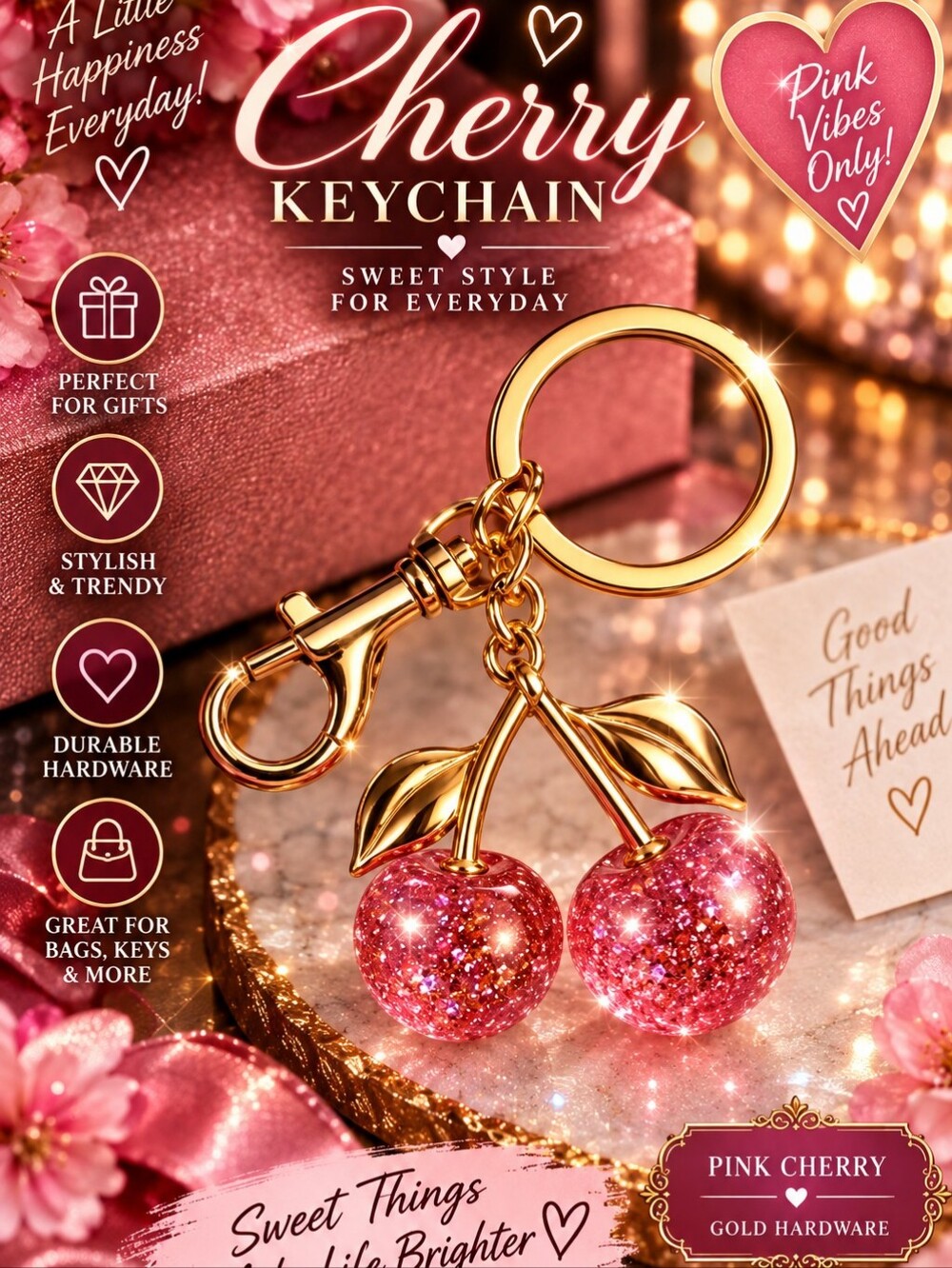 Gold Cherry Keychain with Pink Glitter Charms!!